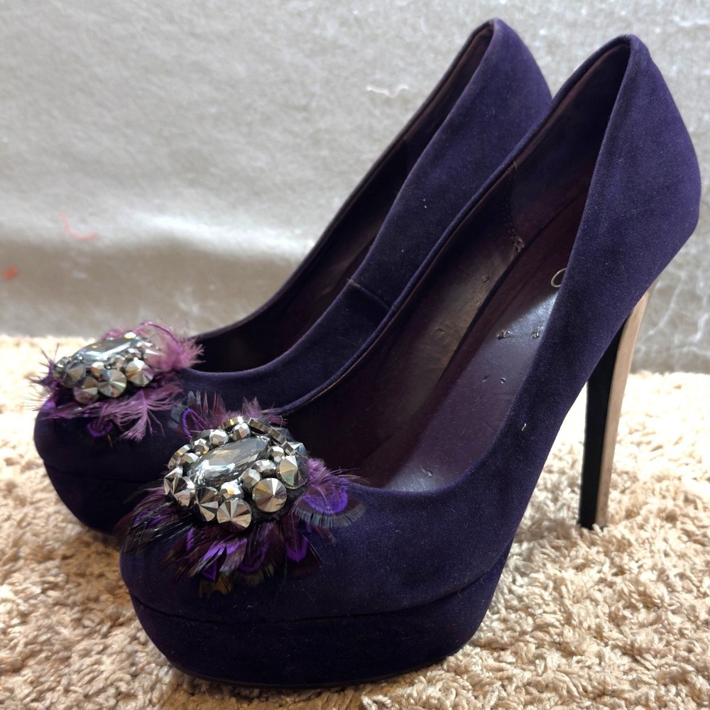 1665 | Aldo Bouch Jewel Feather Embellished Platform Pump Purple Women 9 / 40